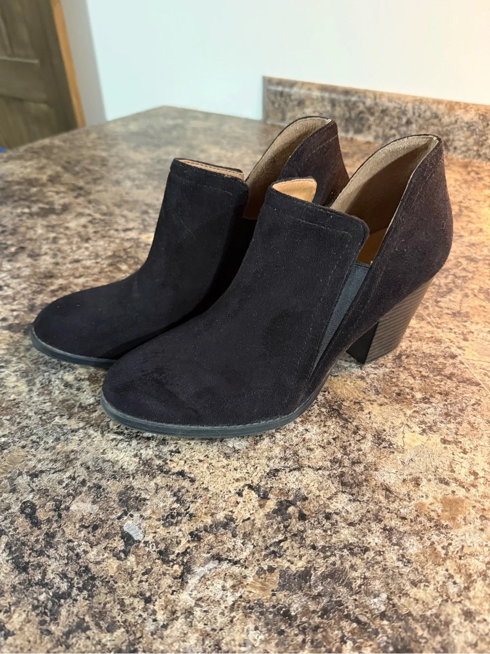 Women's Black Suede Ankle Booties - Low Block Heel